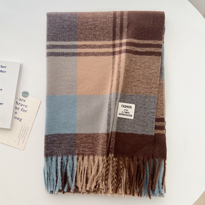 Women's Coffee Color Plaid Korean Thick Warm High-grade Scarfs