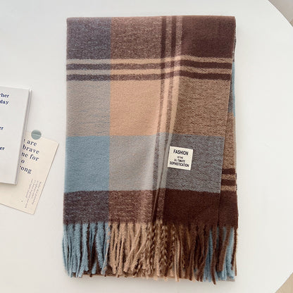 Women's Coffee Color Plaid Korean Thick Warm High-grade Scarfs