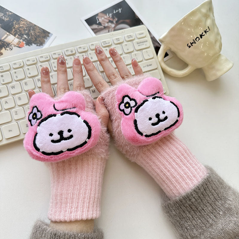 Half Finger Cartoon Knitted Bracers Thick Gloves