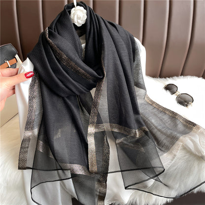 Women's Silk Long Gold Sequined Fur Sun Protection Scarfs