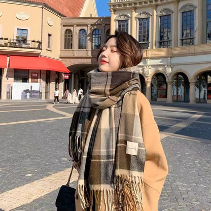 Women's Korean Versatile Plaid Tassel Winter Warm Scarfs