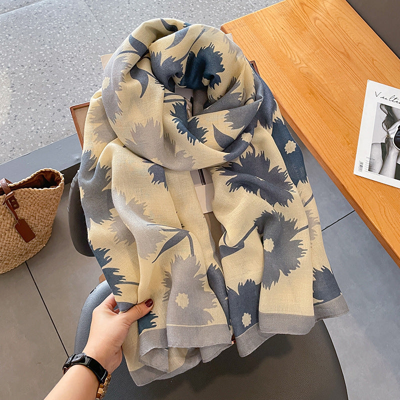 Soft Cotton Linen Floral Female Blue Scarfs