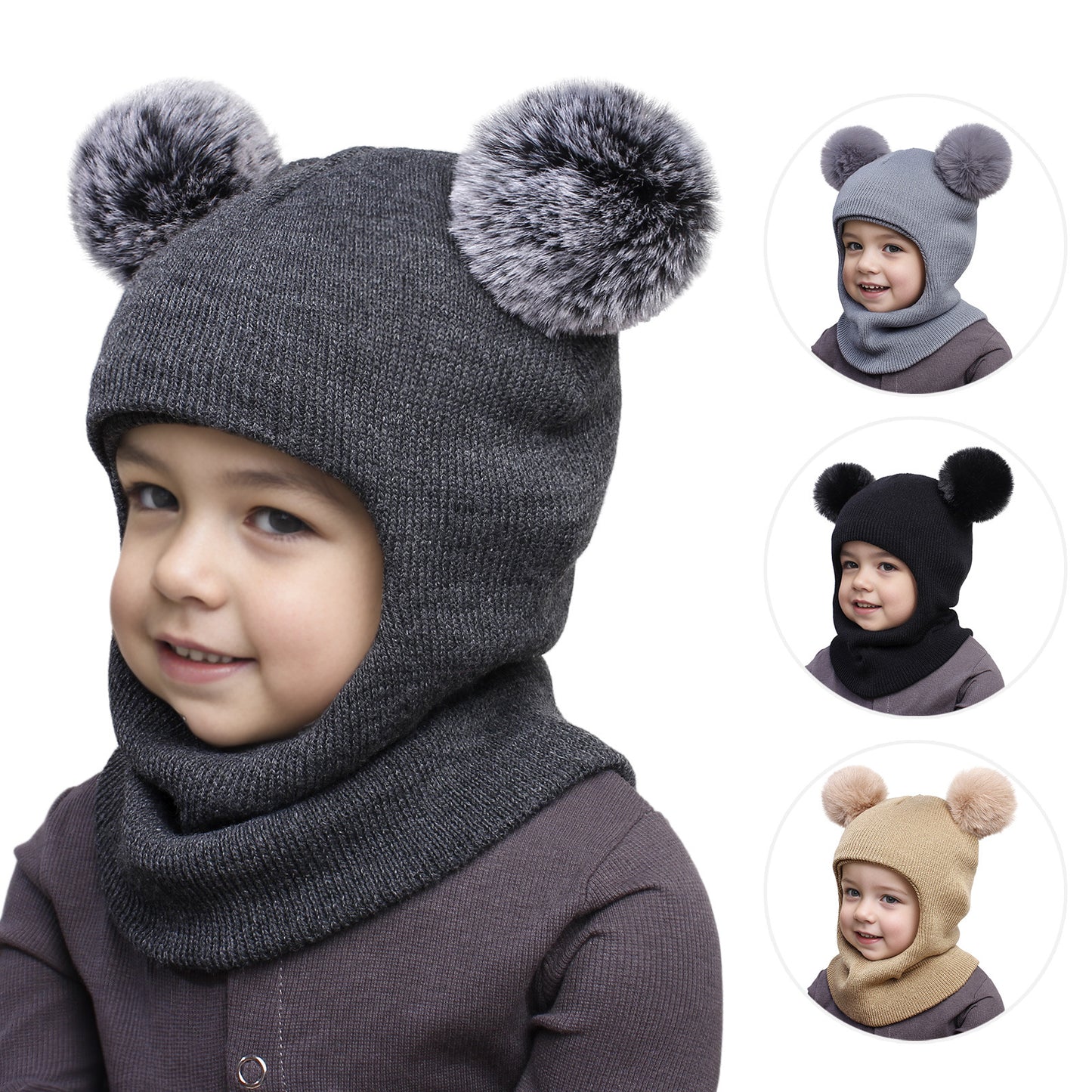 Children's Hooded Suit Solid Color Cute Wool Knitted Kids' Headwear