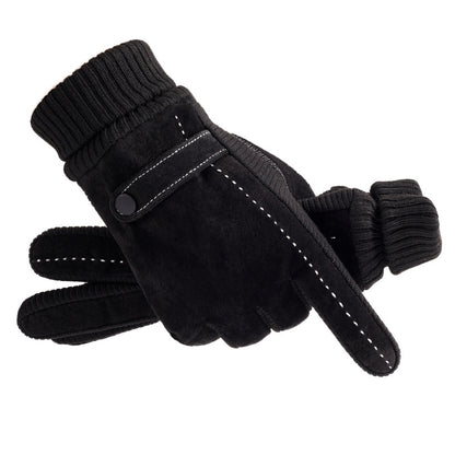 Men's Pig Leather Windproof Warm Motorcycle Fleece-lined Cycling Gloves