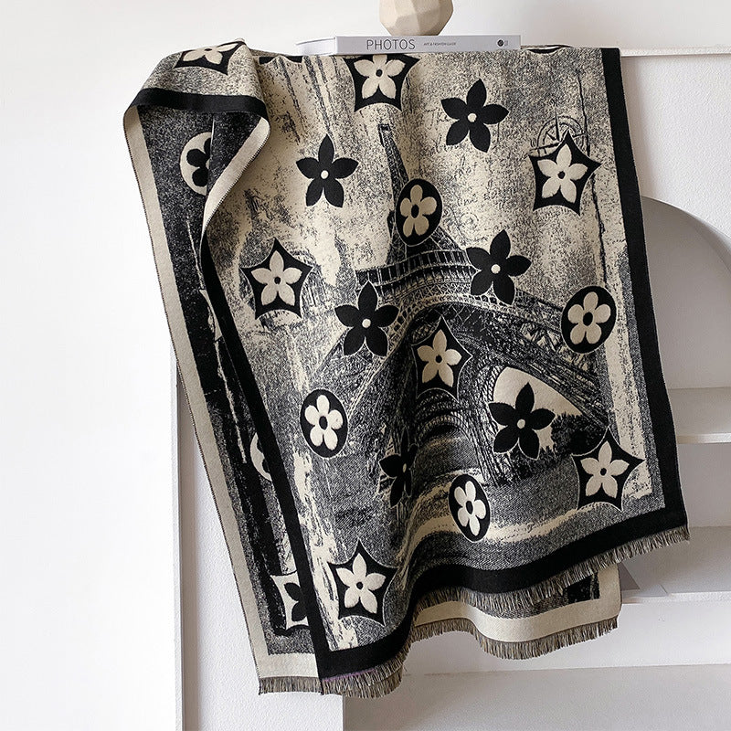 Paris Tower Vintage Five-pointed Star Printed Double-sided Thermal Scarfs