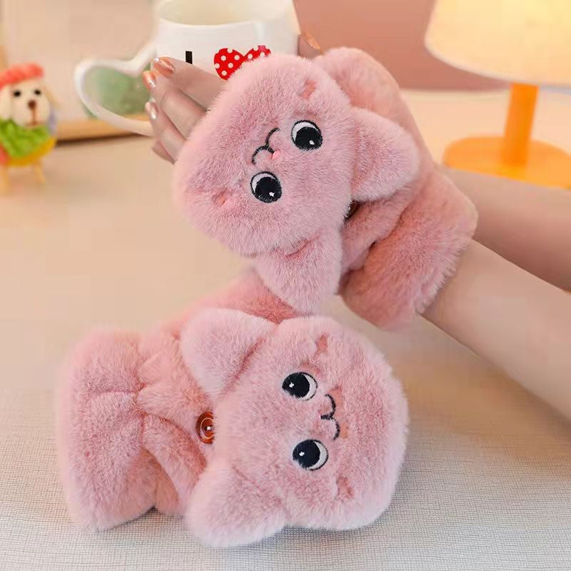 Winter Cute Funny Plush Mittens Cat Female Warm Thickened Gloves