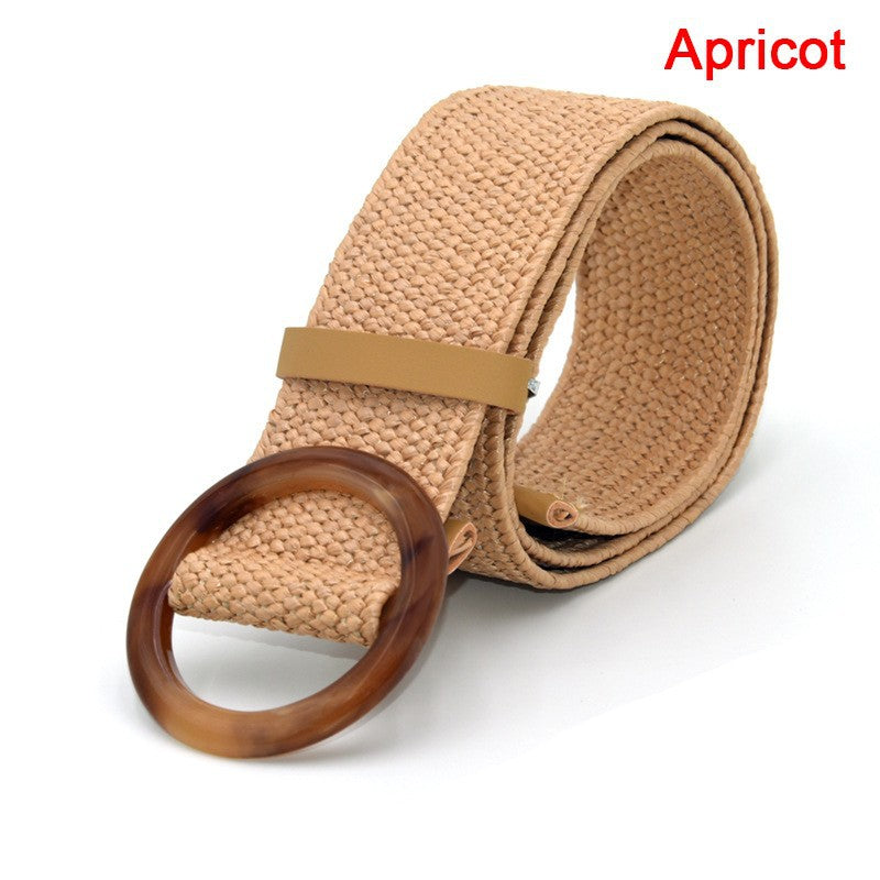 Women's Straw Woven Round Square Buckle Dress Belts