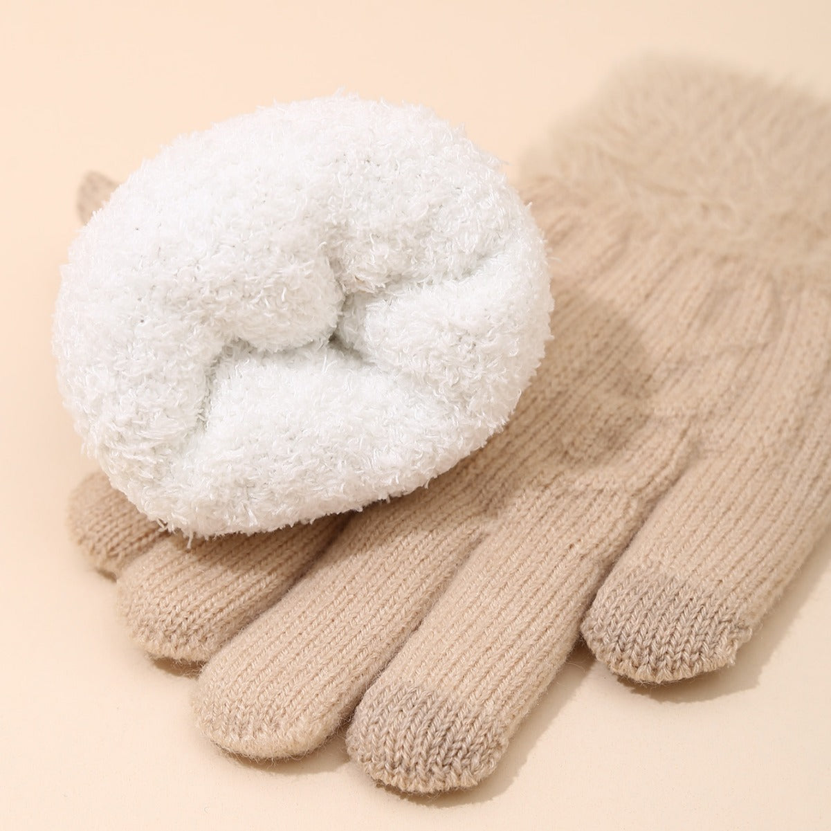 Women's Matching Five Finger Plush Knitted Wool Gloves