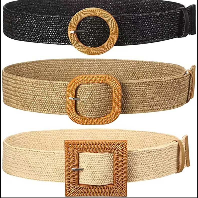 Women's Straw Woven Round Square Buckle Dress Belts