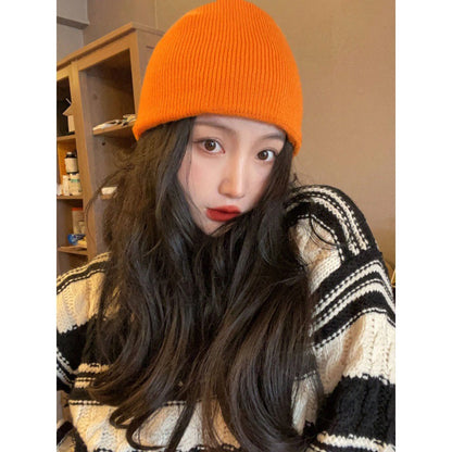 Women's White Knitted Hat Korean Fashionable Solid Color Big Hats & Caps