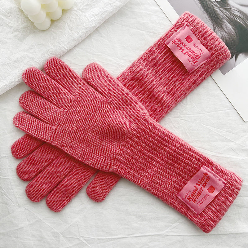 Women's Korean Style Solid Color Labeling Long Knitted Wool Finger Gloves