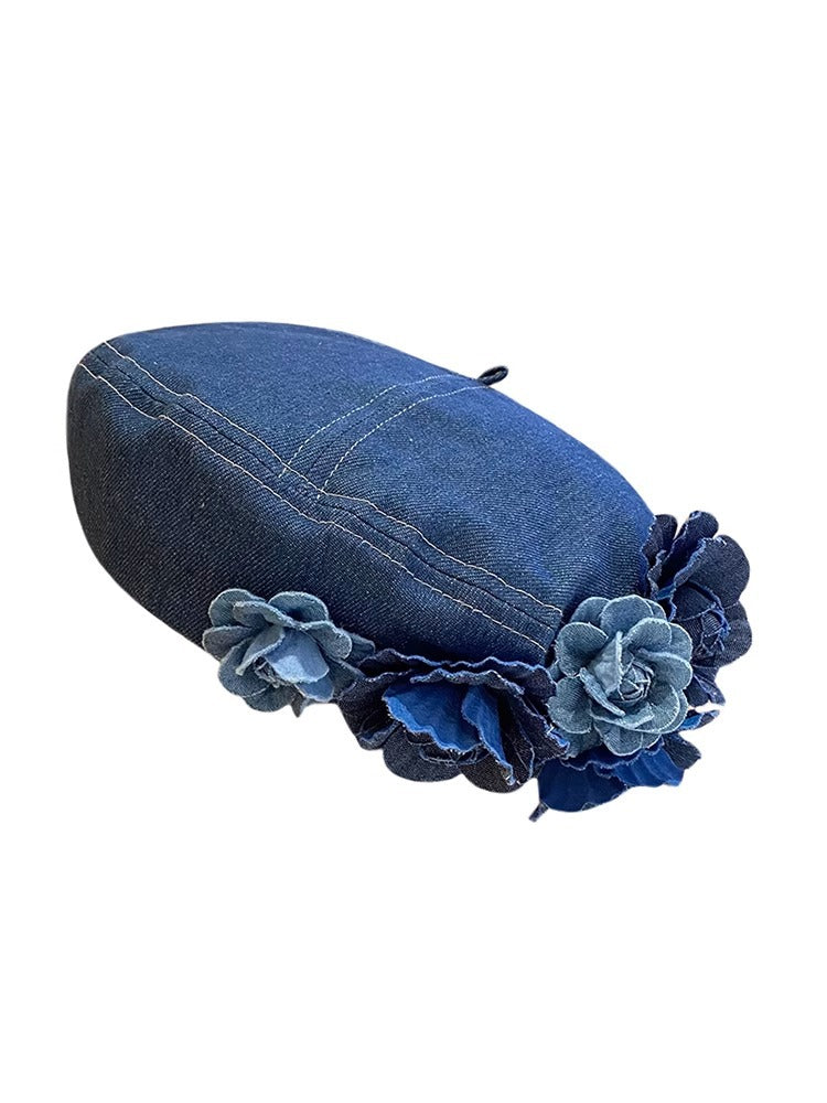 Women's Three-dimensional Flowers Denim Beret Trendy Fashionable Hats & Caps