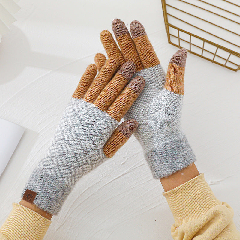 Wool Knitted Plaid Fleece-lined Thickened Cycling Five-finger Gloves