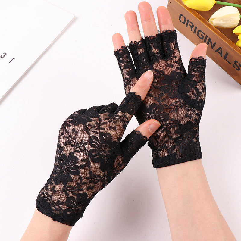 Half Finger Female Flower Black Sexy Cutout Mesh Gloves