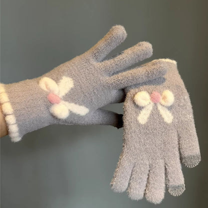 Women's Cycling Warm Plush Finger Fleece-lined Touch Screen Bow Gloves