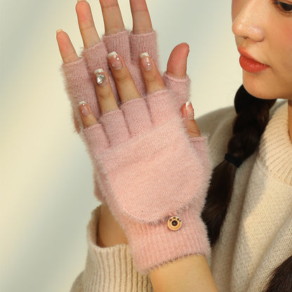 Women's Color Half Finger Flip Warm Winter Cold Gloves