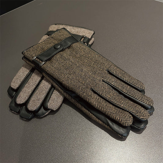 Men's Leather Patchwork Plaid Thermal Fleece-lined Thickened Gloves