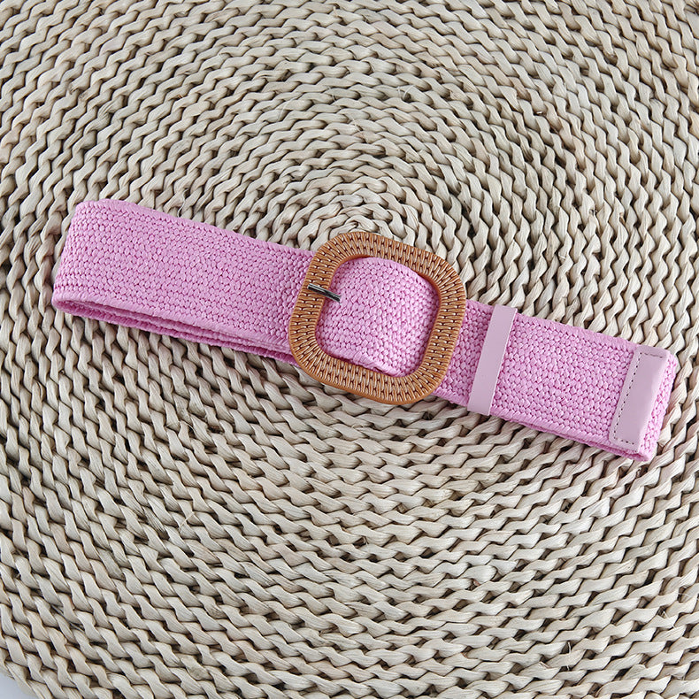 Women's Straw Woven Round Square Buckle Dress Belts