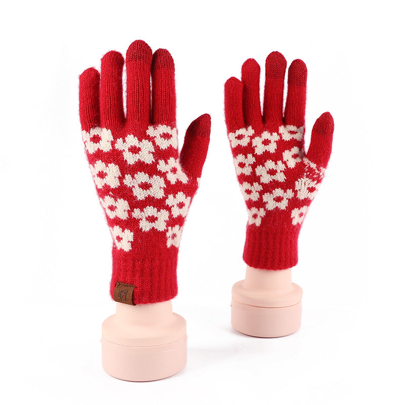 Wool Knitted Plaid Fleece-lined Thickened Cycling Five-finger Gloves