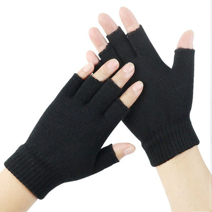 Women's & Men's Black Half Finger Adult Open Wool Gloves