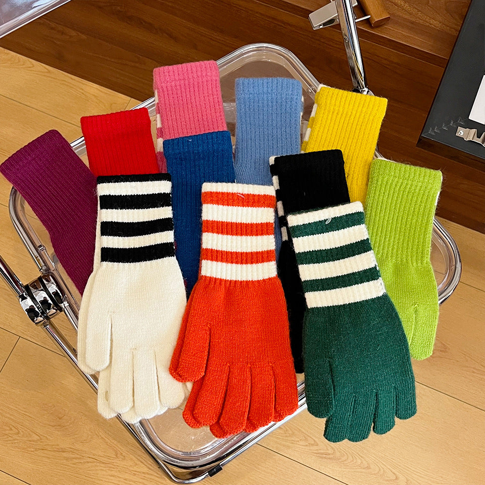 Women's Personalized Fashionable Knitted Warm Winter Extended Striped Open Touch Gloves