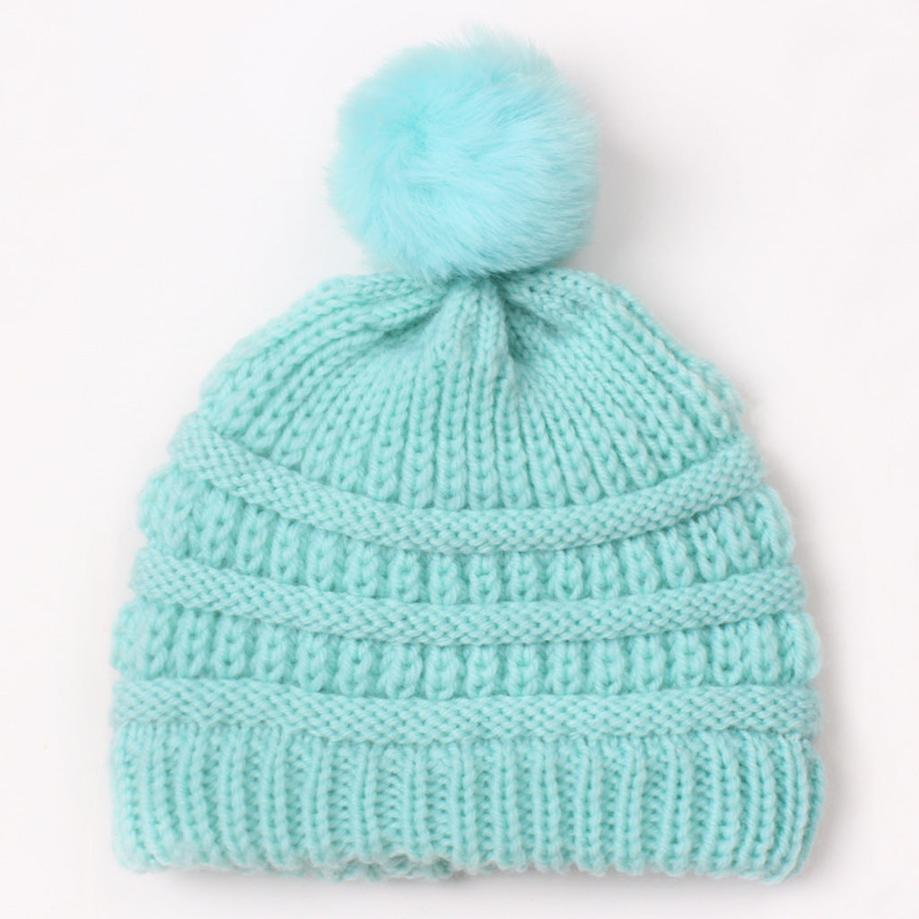 Children's Knitted Sleeve Fur Ball Warm Hat Kids' Headwear