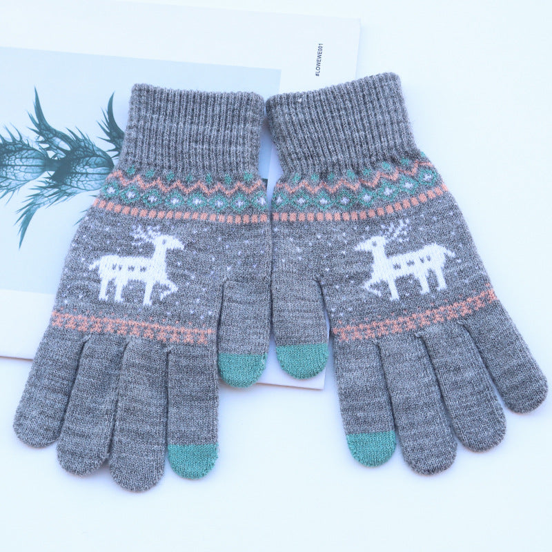 Female Deer Jacquard Fleece Lining Thickened Mobile Phone Gloves