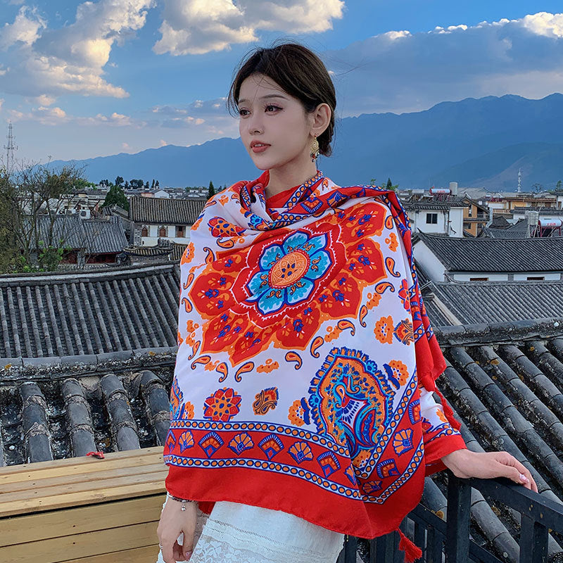 Women's Sunscreen Shawl Yunnan Grassland Travel Wear Silk Seaside Scarfs