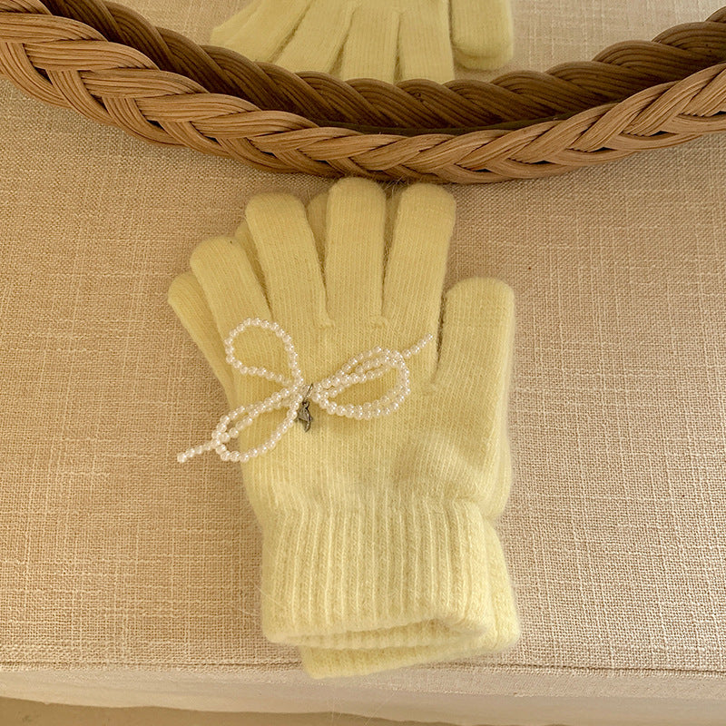 Women's Pearl Bow With Angora Winter Warm Gloves