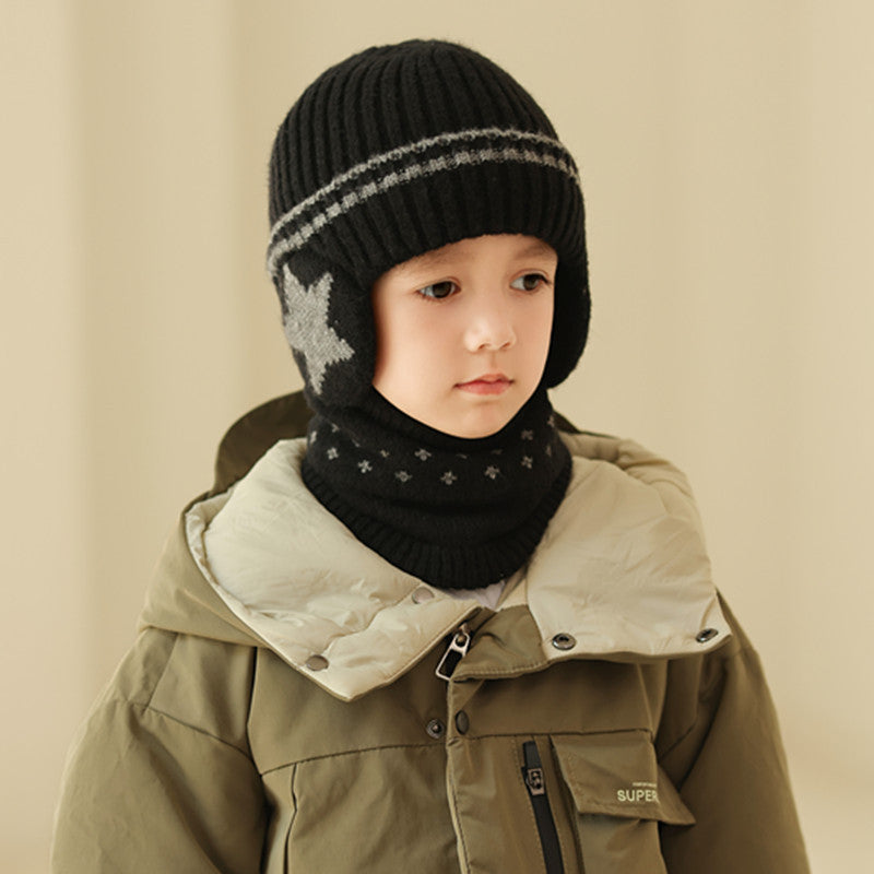 Children's Earflaps Warm Two-piece Set Fleece-lined Woolen Kids' Headwear