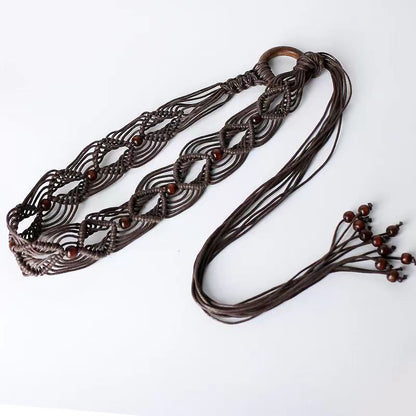 Women's Wax Rope Woven Knotted Ethnic Handmade Wooden Belts