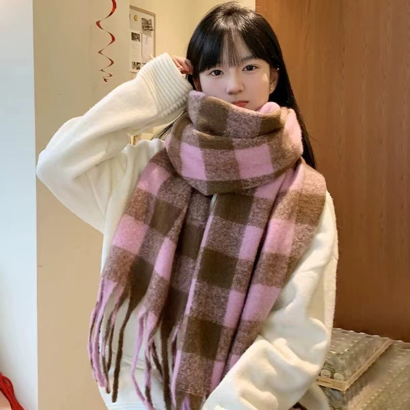 Women's Korean Versatile Plaid Tassel Winter Warm Scarfs