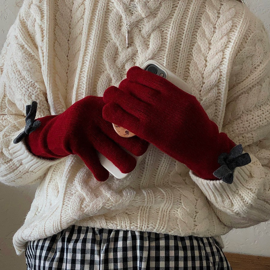 Women's Winter Bowknot Finger Wool Warm Touch Gloves