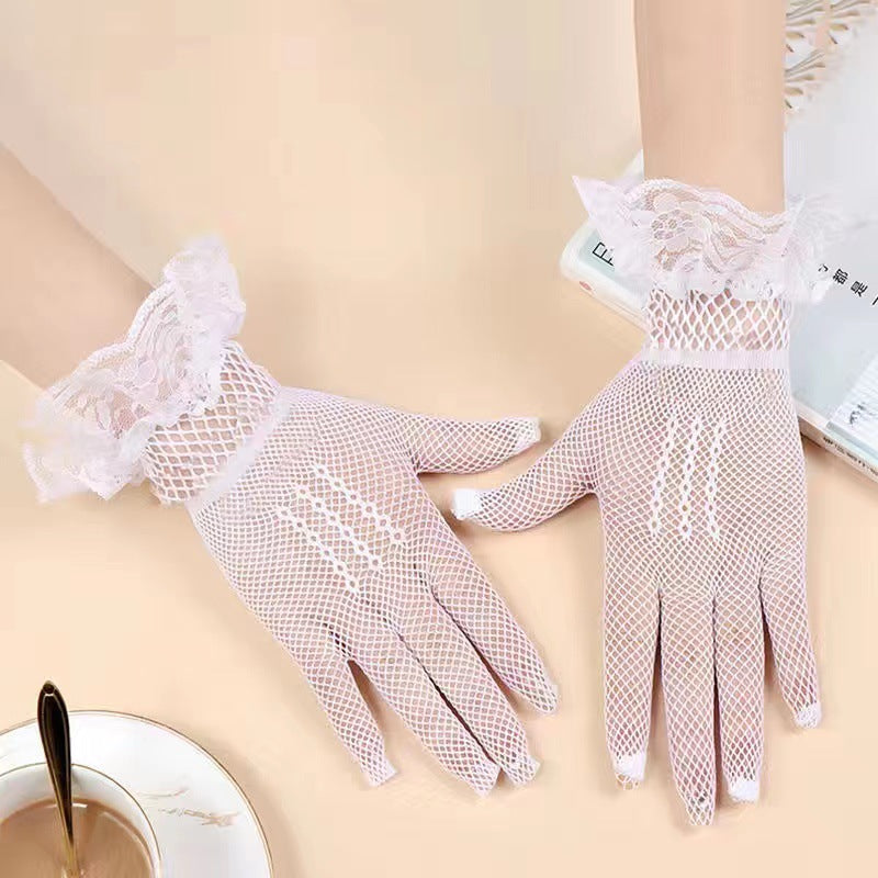 Women's Thin Sexy Mesh Black White Red Etiquette Wedding High Gloves