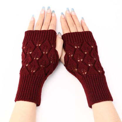 Women's & Men's Short Leaf Knitted Fingerless Wool Keep Gloves