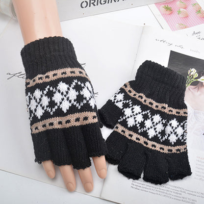 Women's & Men's Black Wool Half Finger Knitted Pure Color Warm Keeping Gloves