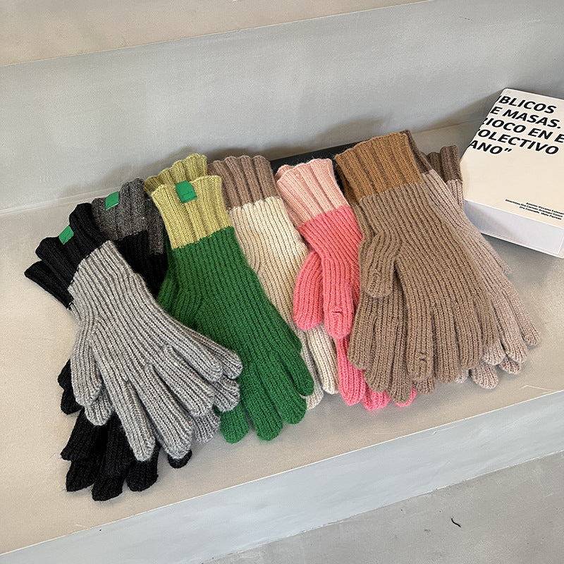 Winter Knitted Couple Warm Finger Contrast Gloves