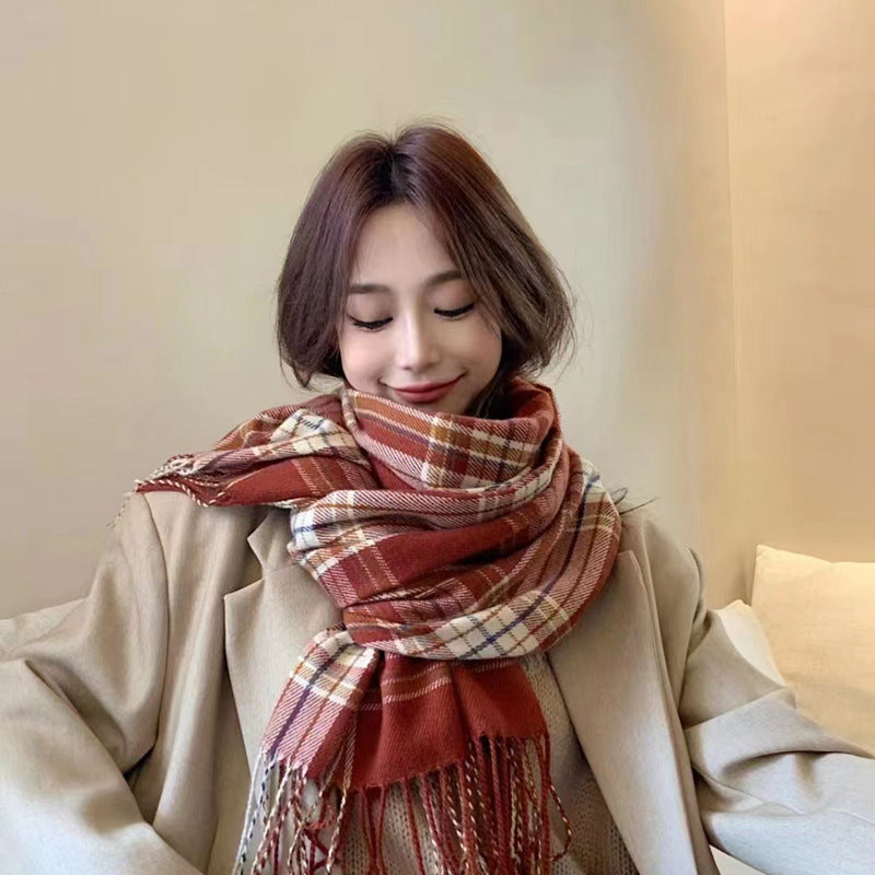 Winter Plaid Cashmere Warm Tassel Shawl Scarfs