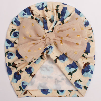 Children's Thread Beanie Printed Bow Knotted Hat Kids' Headwear