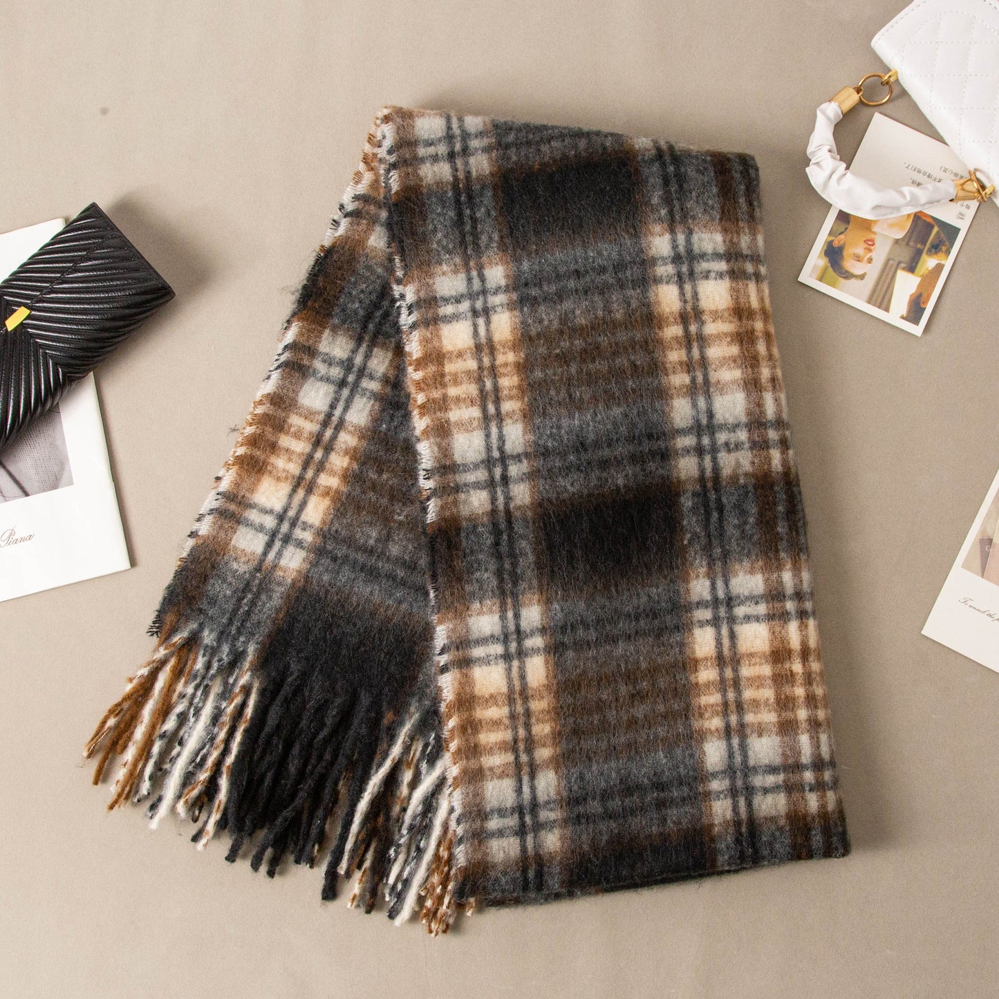 Women's Winter High-grade Mohair Black White Plaid Scarfs