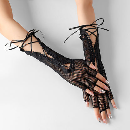 Women's Summer Sexy Mesh Strap Long Half Finger Gloves