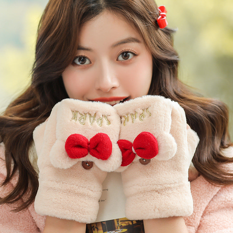 Winter Fleece-lined Cute Korean Style Cartoon Extra Thick Gloves