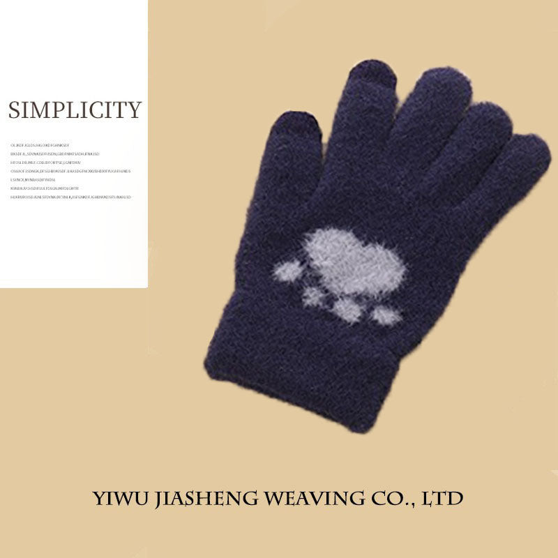 Women's Paw Knitted Cute Fleece-lined Thickened Touch Gloves