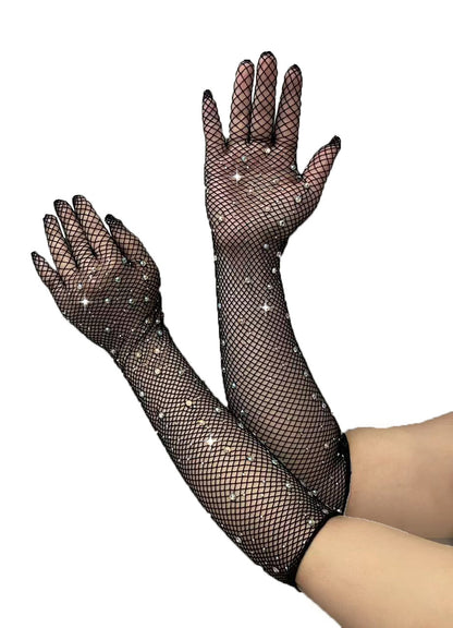 Mesh Disco Sexy Fishnet Black Stretch Colorful Gloves