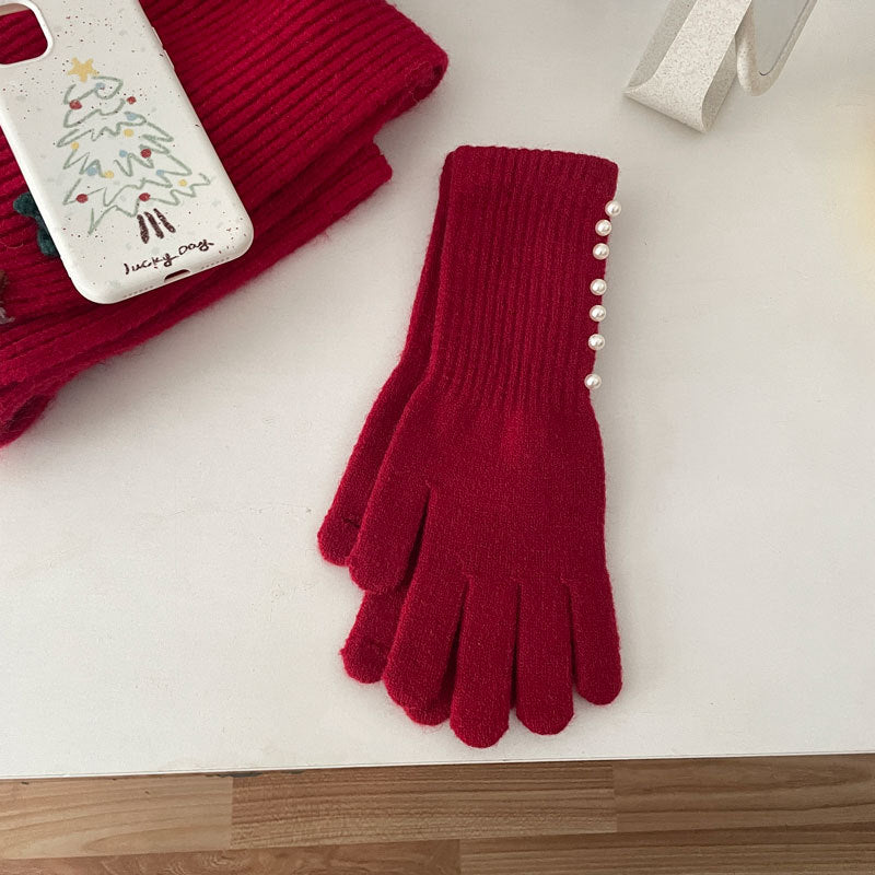 Pearl Knitted Female Riding Finger Open Gloves