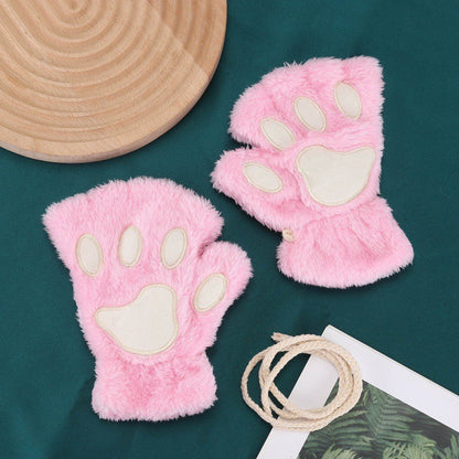 Winter Cartoon Bear Plush Halter Mittens Gloves