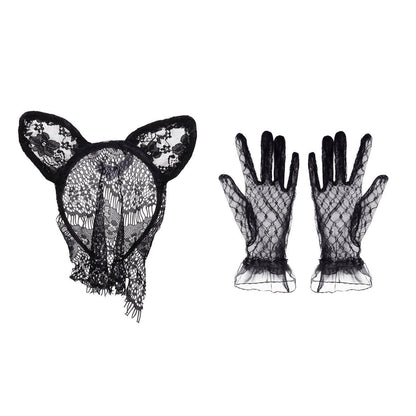 Black Pure Wind Cat Ear Headband Female Lace Gloves