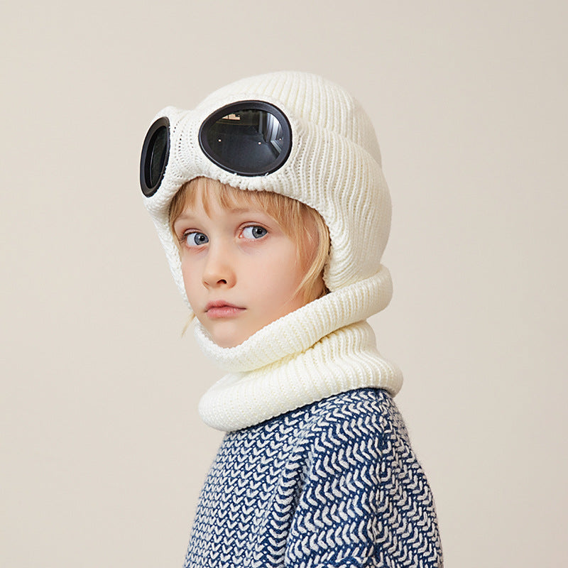 Children's Two-piece Set Winter Fleece-lined Earflaps Woolen Knitted Sleeve Kids' Headwear