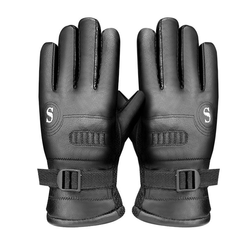 Men's Touch Screen Leather Winter Warm Cotton Thickened Cycling Gloves