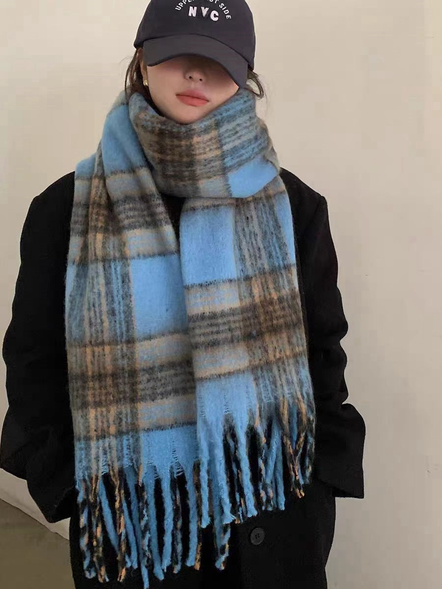 Women's Winter High-grade Mohair Black White Plaid Scarfs